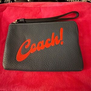 Coach Navy Leather Wristlet with Red Script Logo